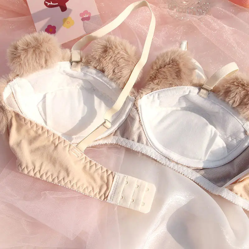 Wireless Comfort Kawaii Japanese Style Plush Bear Cartoon Bra Lingerie Set for Women