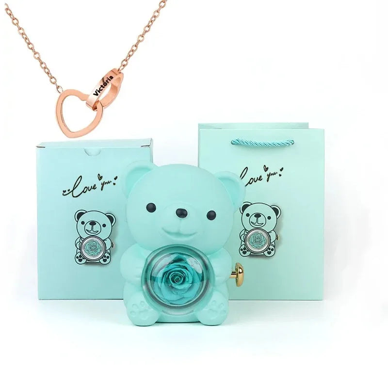 birthday eternal rose teddy bear with necklace