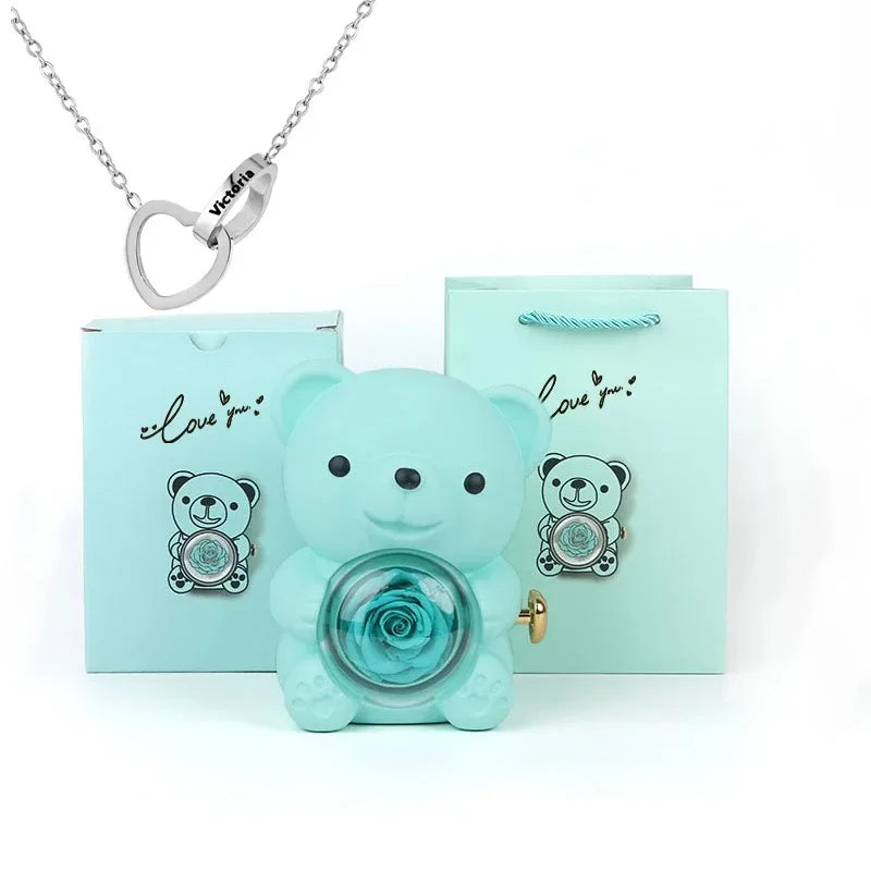 cute eternal rose teddy bear with necklace