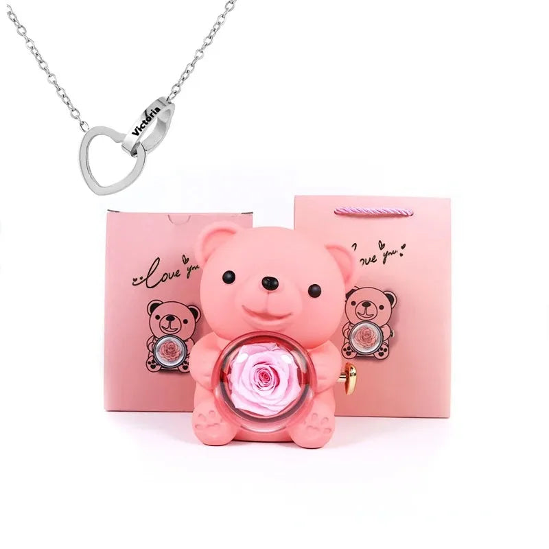elegant eternal rose teddy bear with necklace