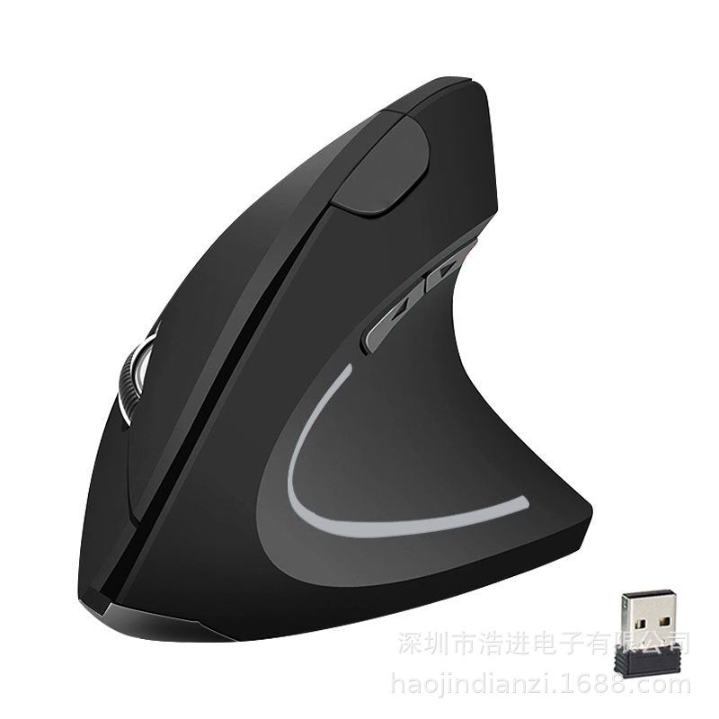 Black ergonomic mouse with USB receiver on a white background