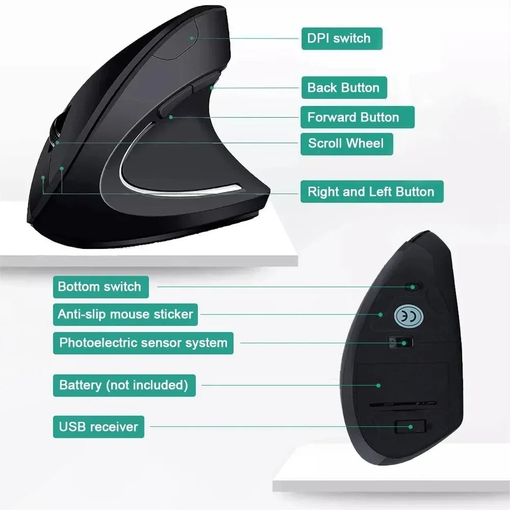 Ergonomic Vertical Wireless Mouse With 6 Buttons 3 Adjustable DPI For Wrist Pain Relief