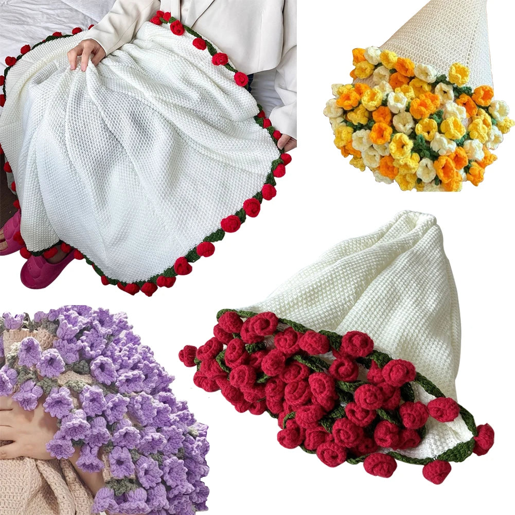 Coperta Fatta a Mano con Fiori di Rosa all'Uncinetto per Regali