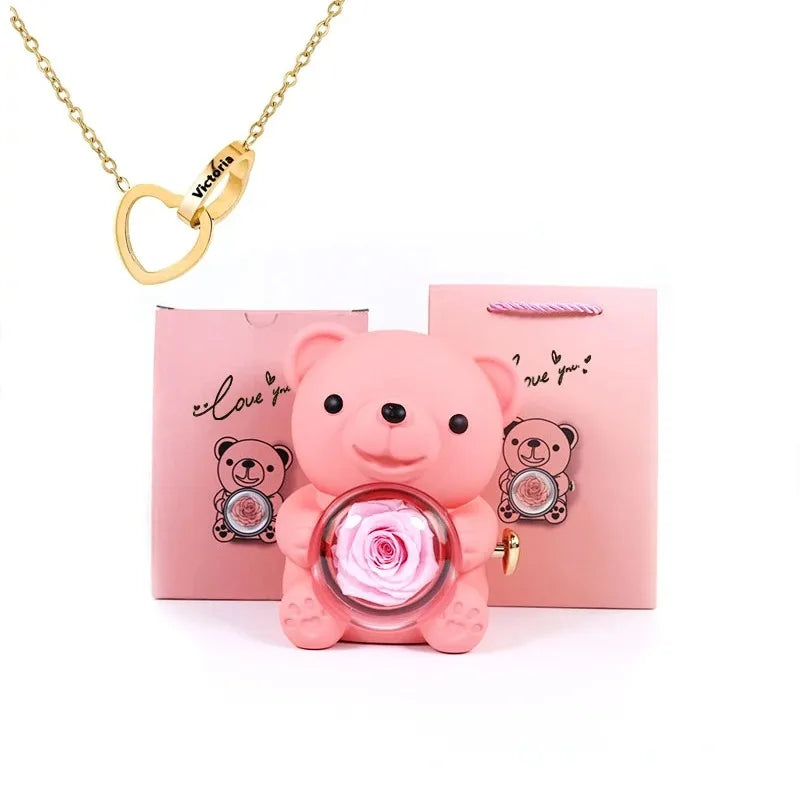 handmade eternal rose teddy bear with necklace