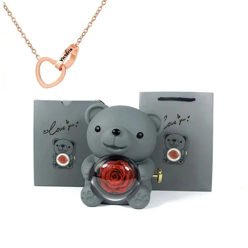 luxury eternal rose teddy bear with necklace