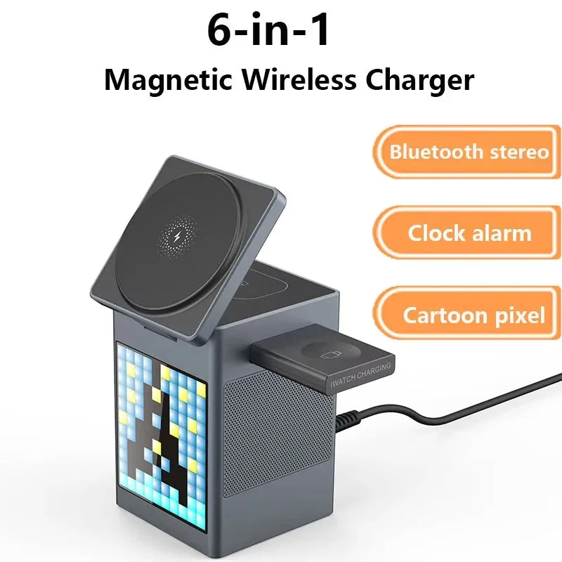 6-in-1 magnetic wireless charger with Bluetooth stereo, clock alarm, and cartoon pixel features on a white background.