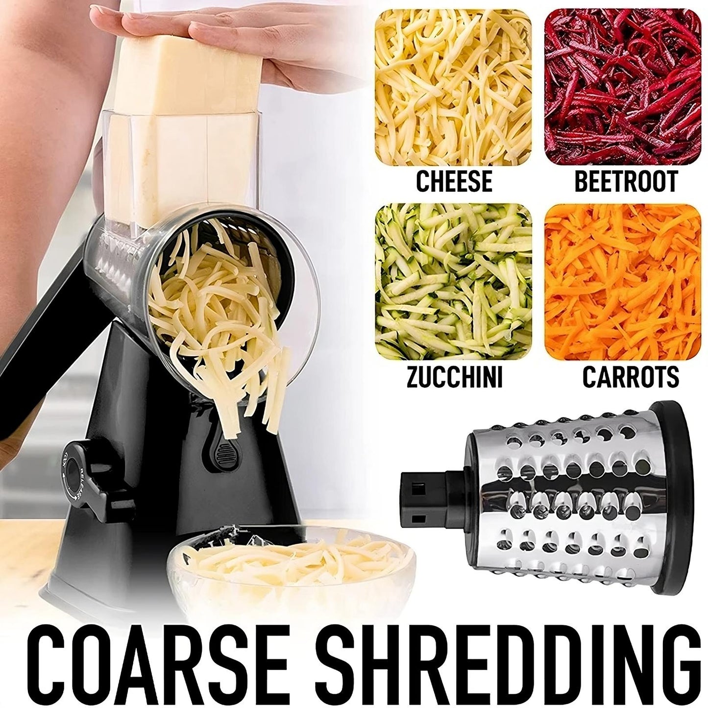 Grattugia per Formaggio Rotante 3 in 1 con Affettaverdure e Accessorio per la Preparazione dei Cibi