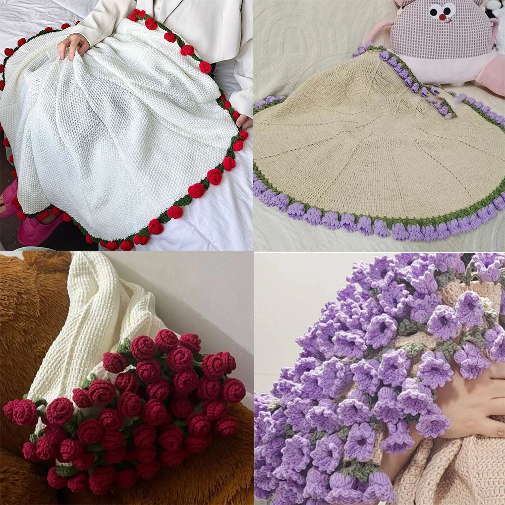 Morbida Coperta a Bouquet di Rose all'Uncinetto per Letto e Divano