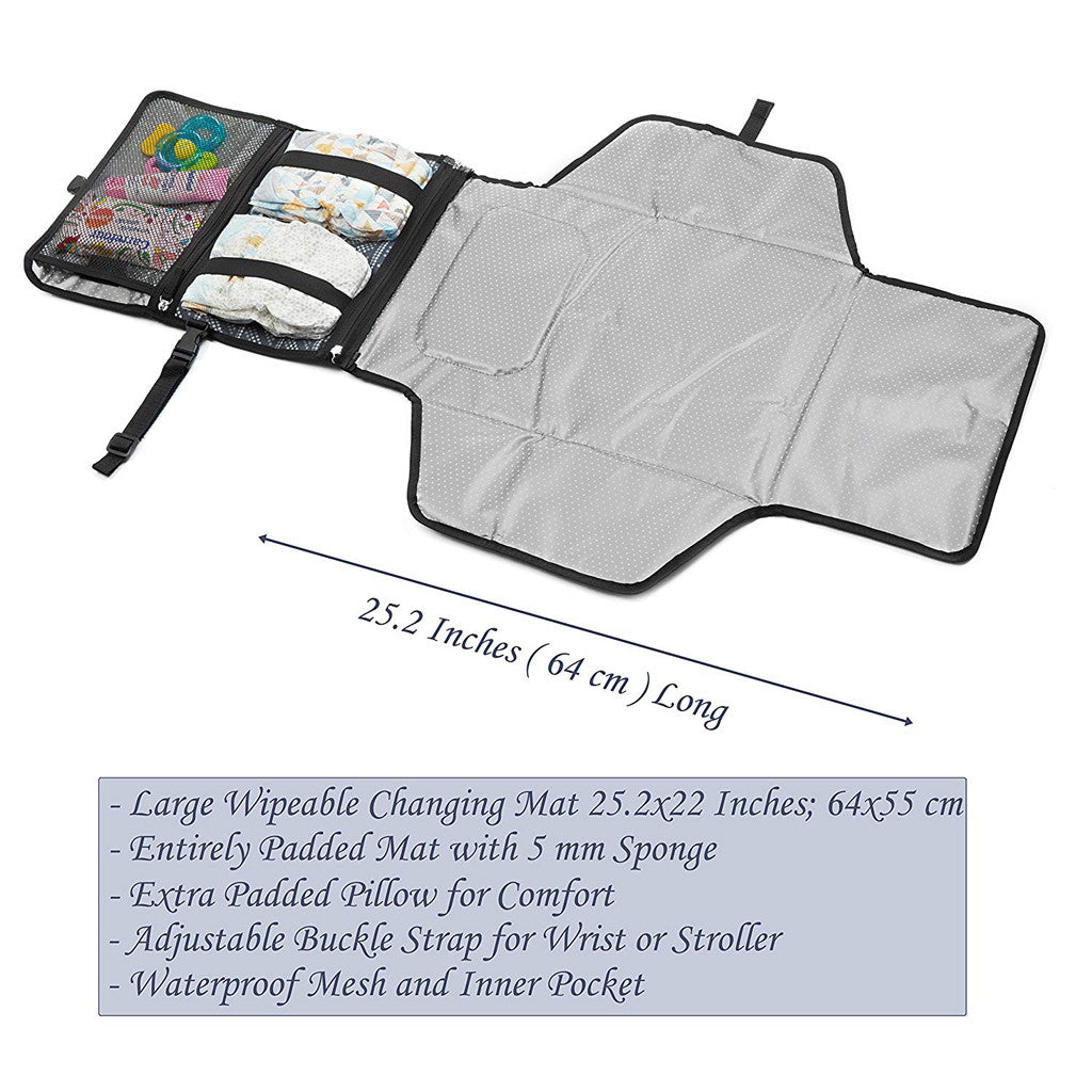alt: Baby Diaper Changing Pad Portable Waterproof Travel Mat with Headrest and Storage Pockets
