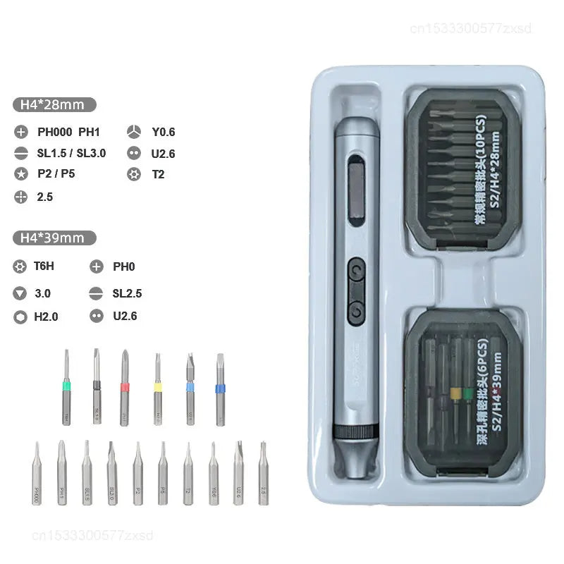 alt: Precision Professional Electric Screwdriver Set High Torque Magnetic Motor 48 S2 Steel Bits and LED Light