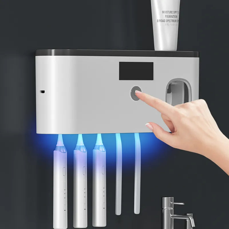 UV Toothbrush Sanitizer Holder Wall Mounted With Solar Power And Toothpaste Squeezer