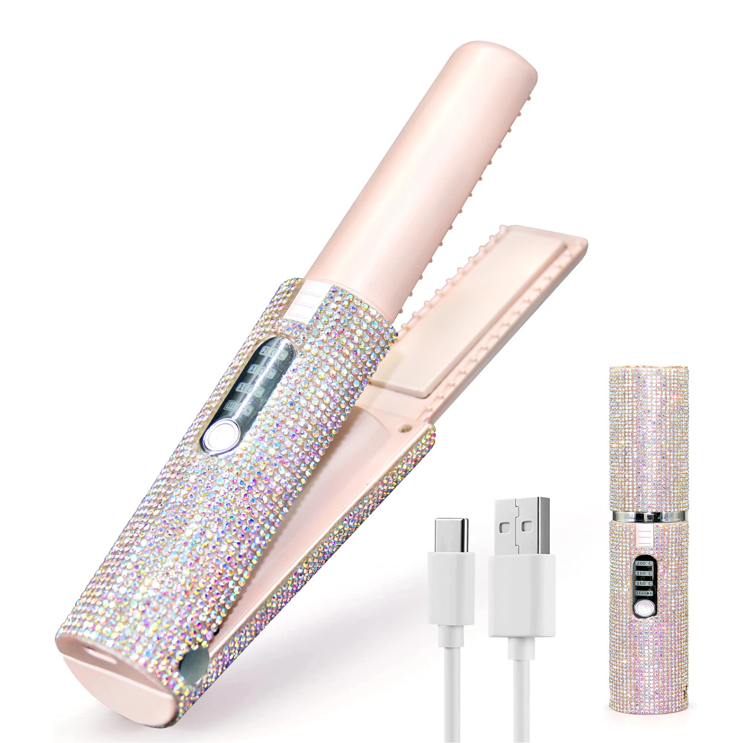 Portable Hair Straightener with Rhinestones – Mini Flat Iron for Travel, Touch-Ups &amp; On-the-Go Styling