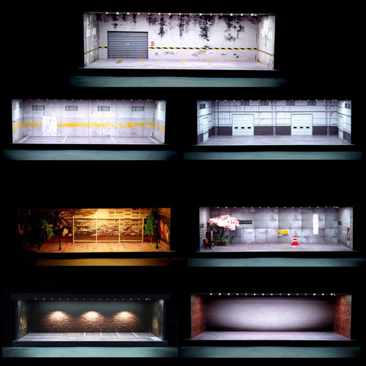 1/64 Scale Diecast Model Car Display Case Garage with LED Lighting Black Parking Garage Diorama for Hot Wheels Matchbox Collection
