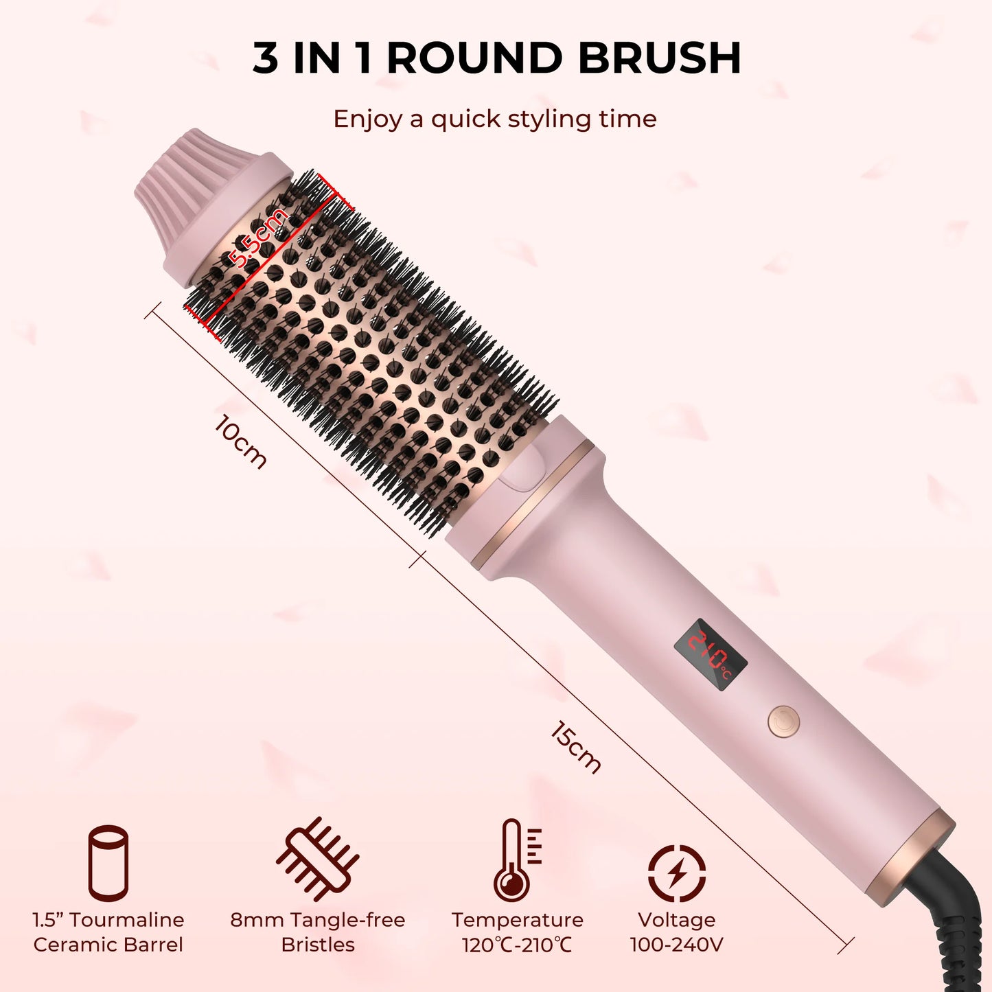 1.5 Inch Ceramic Tourmaline Ionic Heated Curling Brush Professional Volumizing Hot Styling Tool with 10 Heat Settings Dual Voltage Auto Shut Off Purple
