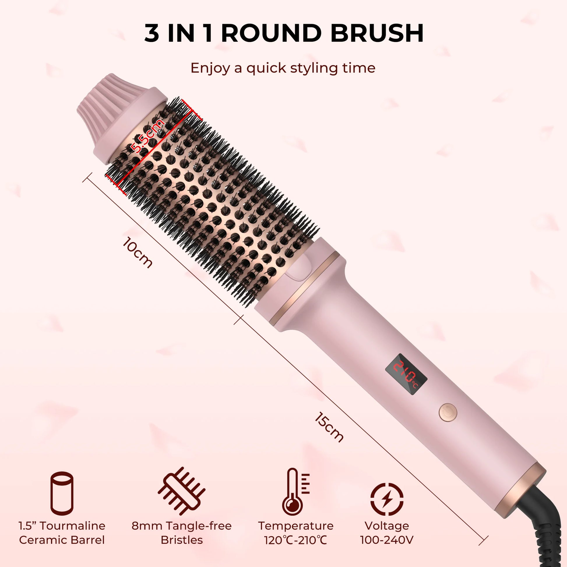 1.5 Inch Ceramic Tourmaline Ionic Heated Curling Brush Professional Volumizing Hot Styling Tool with 10 Heat Settings Dual Voltage Auto Shut Off Purple
