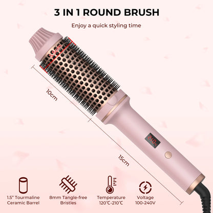 1.5 Inch Ceramic Tourmaline Ionic Heated Curling Brush Professional Volumizing Hot Styling Tool with 10 Heat Settings Dual Voltage Auto Shut Off Purple
