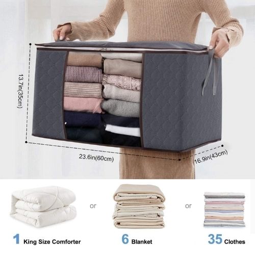 透明窓付き衣類収納バッグ3個セット - ブランケット、掛け布団、季節の衣類用の大容量折りたたみ式クローゼットオーガナイザー - 強化ハンドルと頑丈なジッパー付きの通気性不織布収納コンテナ