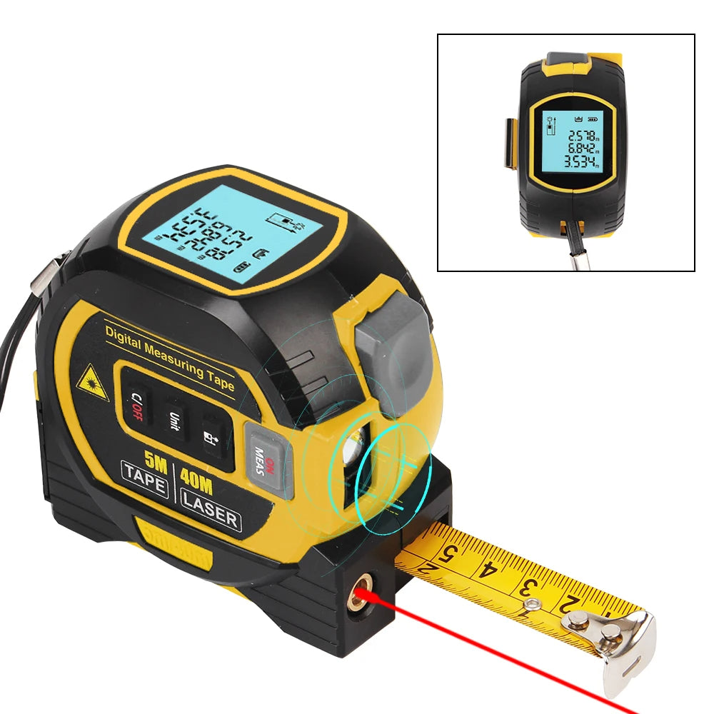 Fita métrica a laser 3 em 1, feita de materiais duráveis ​​e de alta qualidade, combina funções de medição a laser, fita métrica e régua, sendo portátil e precisa.
