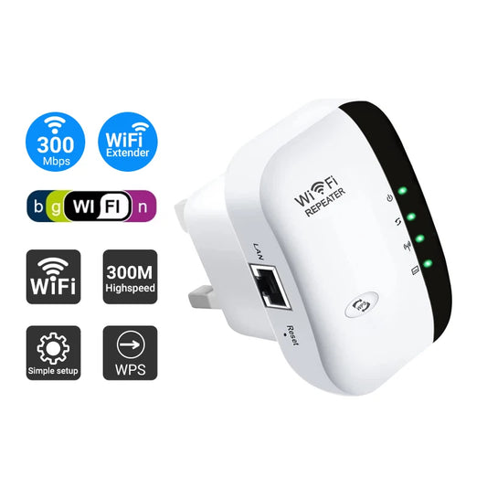 300Mbps WiFi Repeater Range Extender 2.4GHz Wireless Signal Booster with Universal Compatibility and Plug and Play Setup
