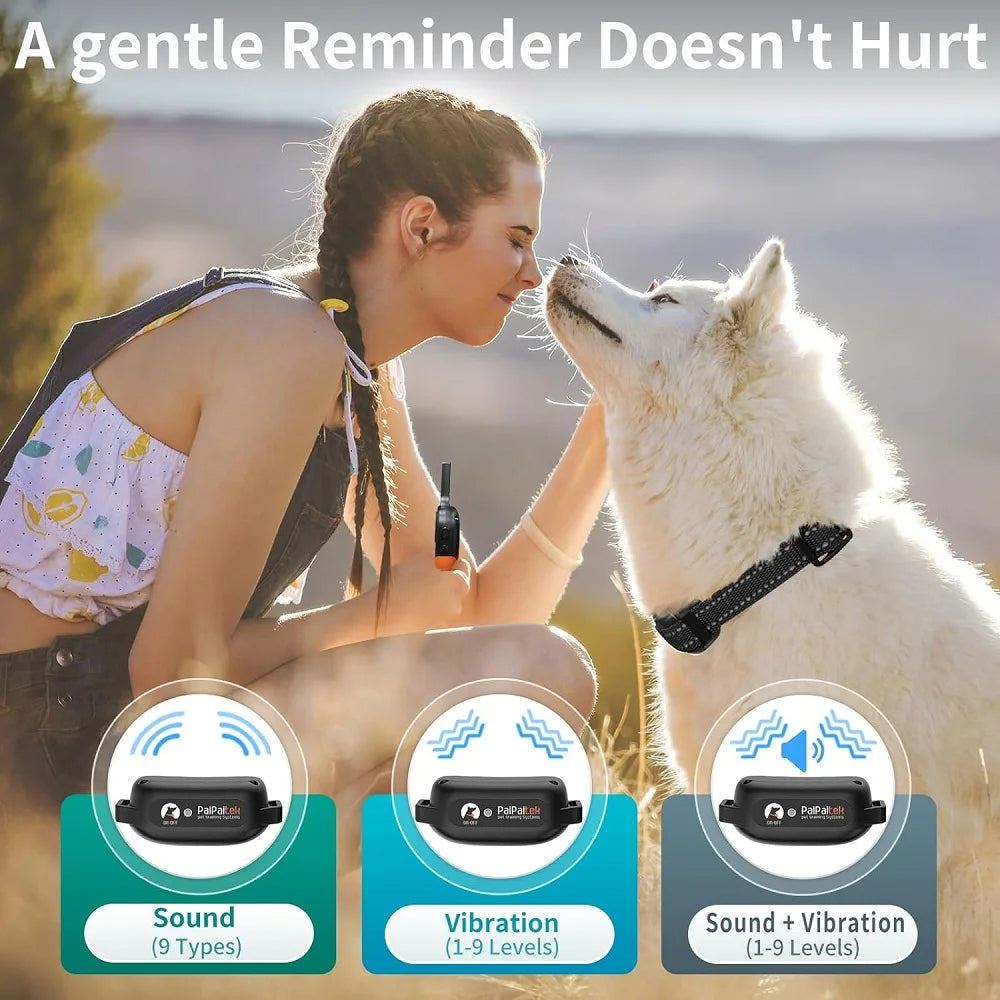 No Shock Dog Training -panta kaukosäätimellä - 3300 jalan värinäpanta koirille, 9 säädettävää tasoa, vedenpitävä ladattava inhimillinen lemmikkieläinten koulutuspanta piippauksella ja turvalukolla
