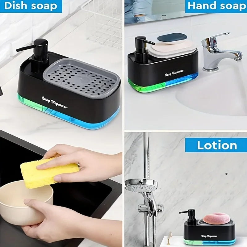 3-in-1デュアルソープディスペンサーセット スポンジホルダー付き - ハンドソープと食器用洗剤用のキッチンシンクオーガナイザー - BPAフリーABSプラスチック製カウンタートップキャディ