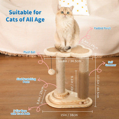 Made4Pets 猫用爪とぎポール セルフグルーマー付き - 高さ17.5インチ 天然サイザル麻スクラッチャー 室内猫用、インタラクティブボールトラックおもちゃ、雲のようなソフトな止まり木、頑丈な木製構造