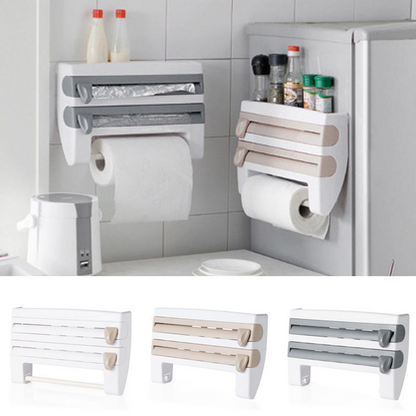 6-IN-1 Wandmontage Foliesnijder | Multifunctionele Keukenwikkel Dispenser met Ingebouwde Snijders voor Clingfolie, Aluminiumfolie en Papieren Handdoekhouder