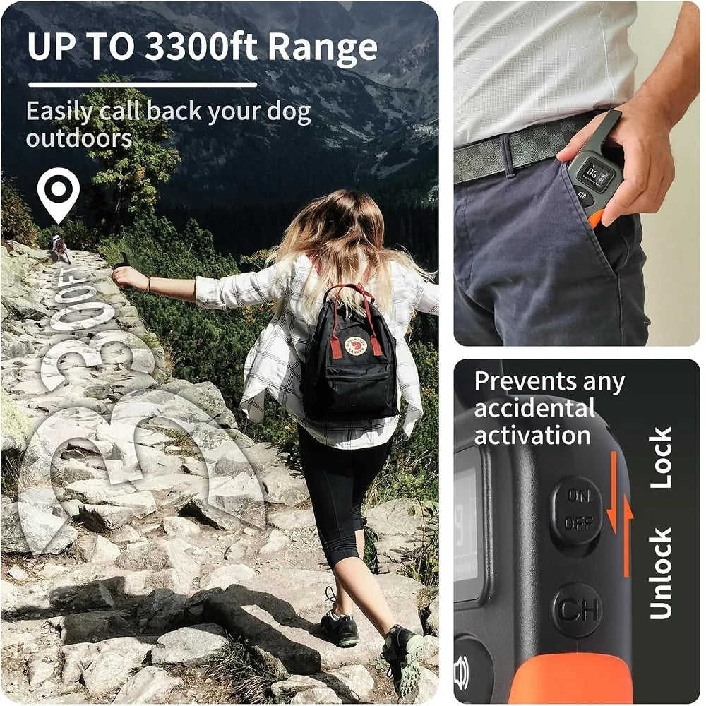 No Shock Dog Training -panta kaukosäätimellä - 3300 jalan värinäpanta koirille, 9 säädettävää tasoa, vedenpitävä ladattava inhimillinen lemmikkieläinten koulutuspanta piippauksella ja turvalukolla
