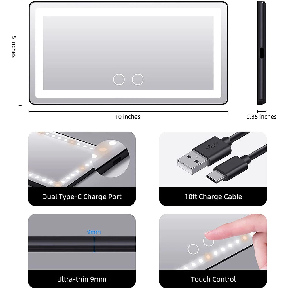 Cermin Rias Pelindung Matahari Mobil dengan Lampu LED, Cermin Rias Isi Ulang dengan 3 Mode Cahaya, Kontrol Sentuh Peredupan, Cermin Kecantikan Mobil Universal untuk Wanita