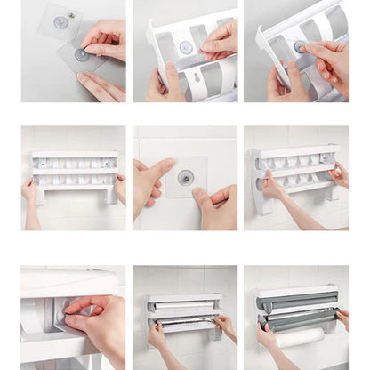 6-IN-1 Wandmontage Foliesnijder | Multifunctionele Keukenwikkel Dispenser met Ingebouwde Snijders voor Clingfolie, Aluminiumfolie en Papieren Handdoekhouder