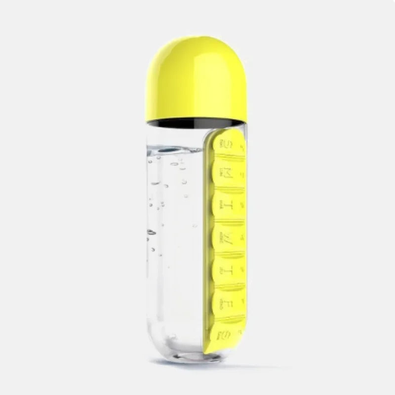 Water Bottle With Pill Organizer | 20oz BPA Free Bottle & 7 Grid Pill Case | Travel & Daily Use
