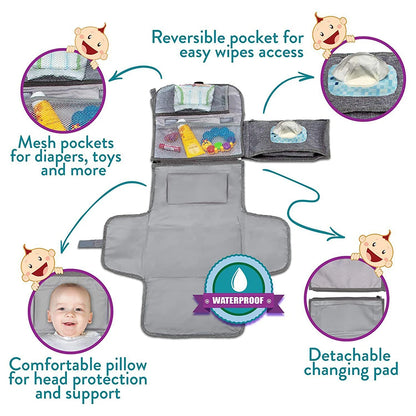 Baby Changing Pad Portable with Built in Pillow Waterproof Foldable Diaper Mat and Stroller Strap
