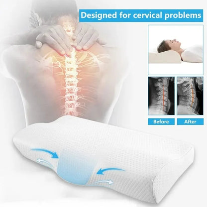 Almohada cervical de espuma viscoelástica fabricada con materiales de alta calidad, suaves y duraderos, diseñada ergonómicamente para sujetar el cuello, aliviar el dolor y garantizar un sueño confortable durante los viajes o en casa.
