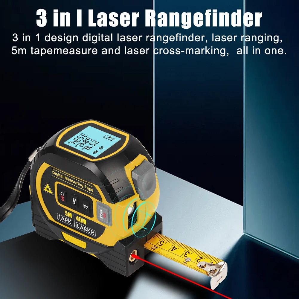 Fita métrica a laser 3 em 1, feita de materiais duráveis ​​e de alta qualidade, combina funções de medição a laser, fita métrica e régua, sendo portátil e precisa.
