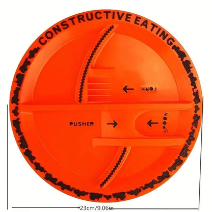 Constructive Eating Construction Utensils and Divided Plate Toddler Mealtime BPA Free Tableware with Bulldozer Fork and Excavator Spoon
