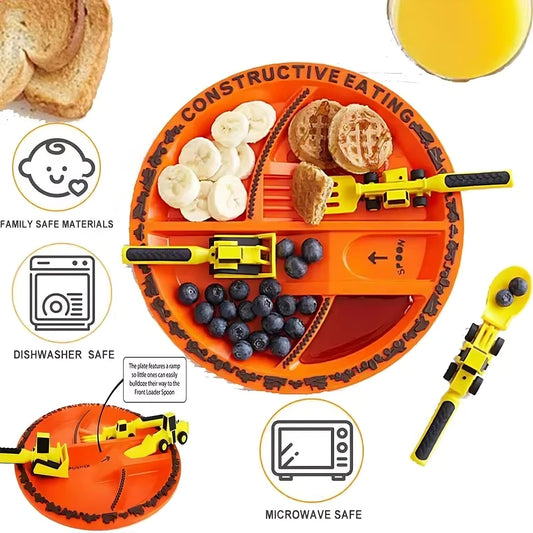 Constructive Eating Construction Utensils and Plate Set BPA Free Toddler Mealtime Tableware with Bulldozer Fork Excavator Spoon and Divided Construction Plate
