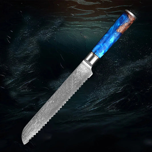 Damascus 7 Inch Steel Bread Slicer German Stainless Steel Professional Bread Knife with Serrated Edge and Ergonomic Blue Handle Blue
