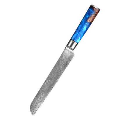 Damascus 7 Inch Steel Bread Slicer German Stainless Steel Professional Bread Knife with Serrated Edge and Ergonomic Blue Handle General
