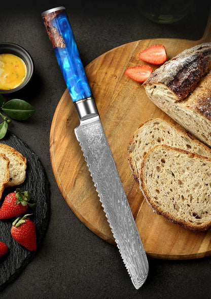 Damascus 7 Inch Steel Bread Slicer German Stainless Steel Professional Bread Knife with Serrated Edge and Ergonomic Blue Handle Green
