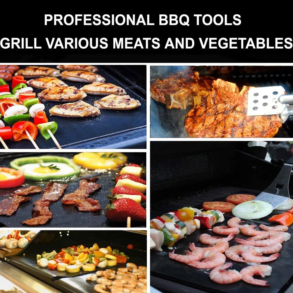 Yüksek kaliteli, ısıya dayanıklı ve dayanıklı malzemelerden üretilen Yapışmaz Barbekü Izgara Matı, yiyeceklerin yapışmasını önler, kolay temizlenir, tekrar kullanılabilir ve sebze, et ve deniz ürünlerini ızgara yapmak için idealdir.
