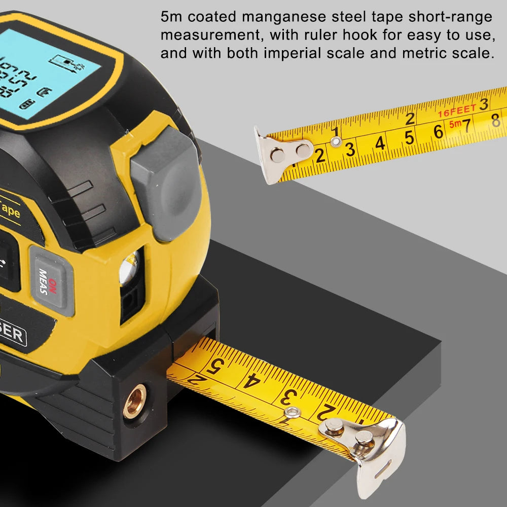 Fita métrica a laser 3 em 1, feita de materiais duráveis ​​e de alta qualidade, combina funções de medição a laser, fita métrica e régua, sendo portátil e precisa.
