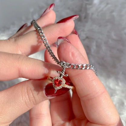 Heart Ring and Sword Bracelet Set for Couples Matching Symbolic Jewelry Gift Set Blue
