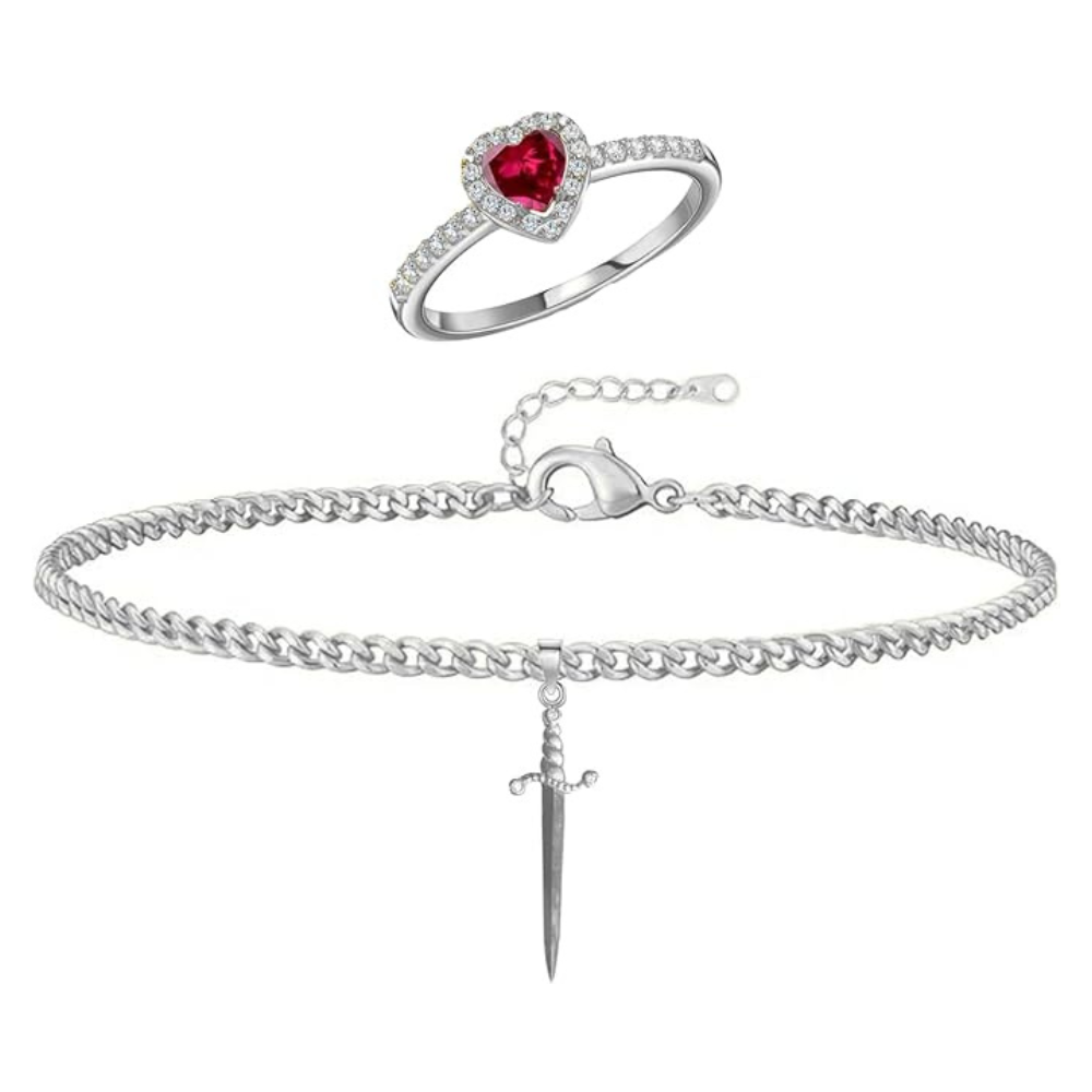 Heart Ring and Sword Bracelet Set for Couples Matching Symbolic Jewelry Gift Set General
