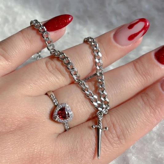Heart Ring and Sword Bracelet Set for Couples Matching Symbolic Jewelry Gift Set Silver
