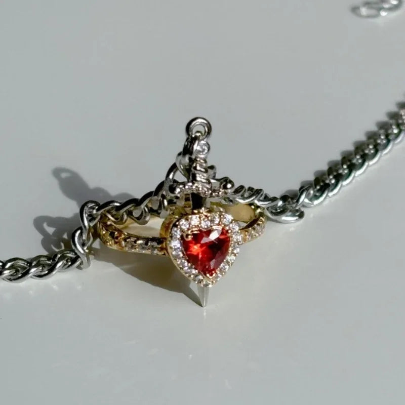 Heart Ring and Sword Bracelet Set for Couples Matching Symbolic Jewelry Gift Set White
