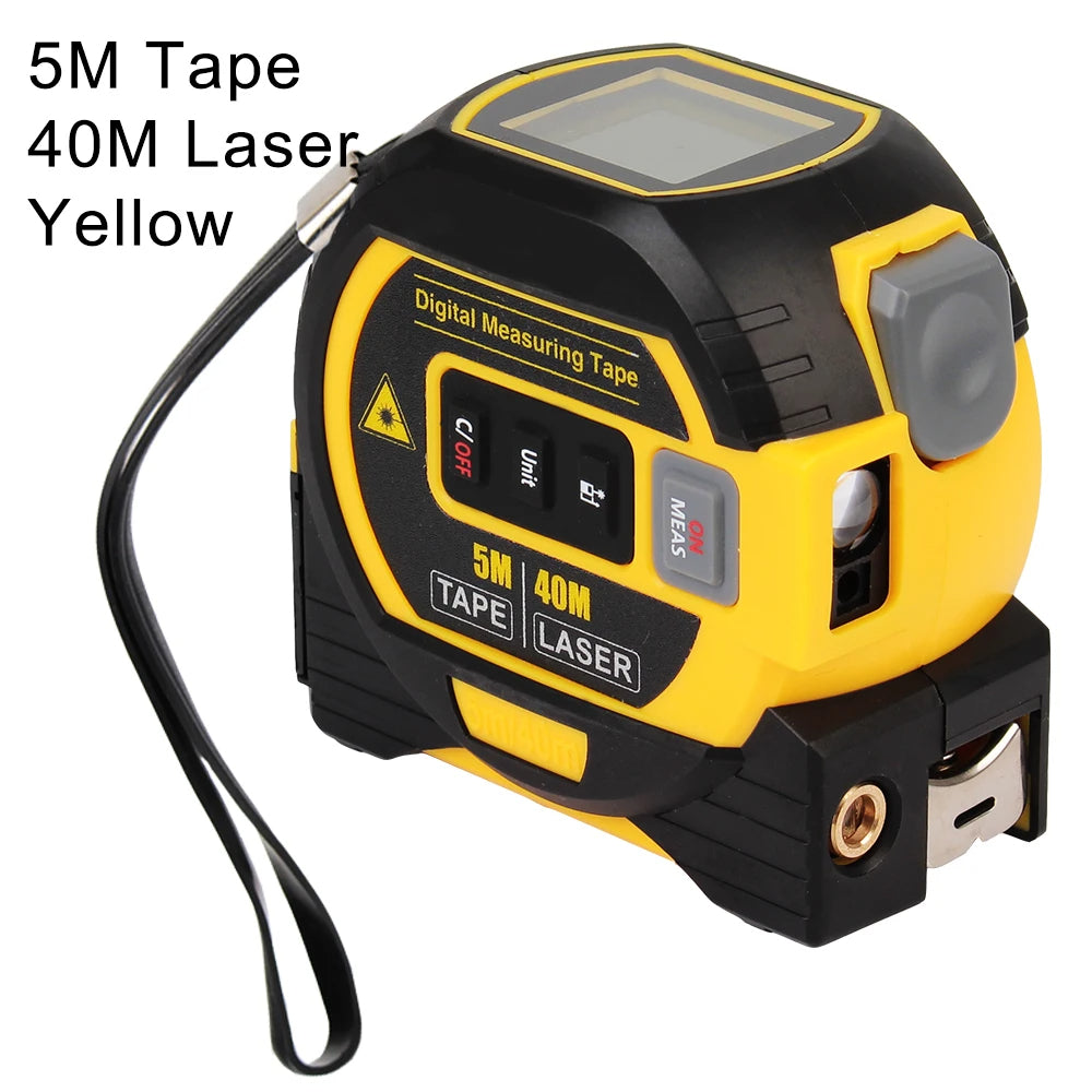 Fita métrica a laser 3 em 1, feita de materiais duráveis ​​e de alta qualidade, combina funções de medição a laser, fita métrica e régua, sendo portátil e precisa.
