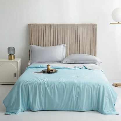 Cooling Blanket made of high-quality, breathable, and soft materials, designed to regulate body temperature, provide comfort during sleep, and suitable for hot weather or warm nights.  
