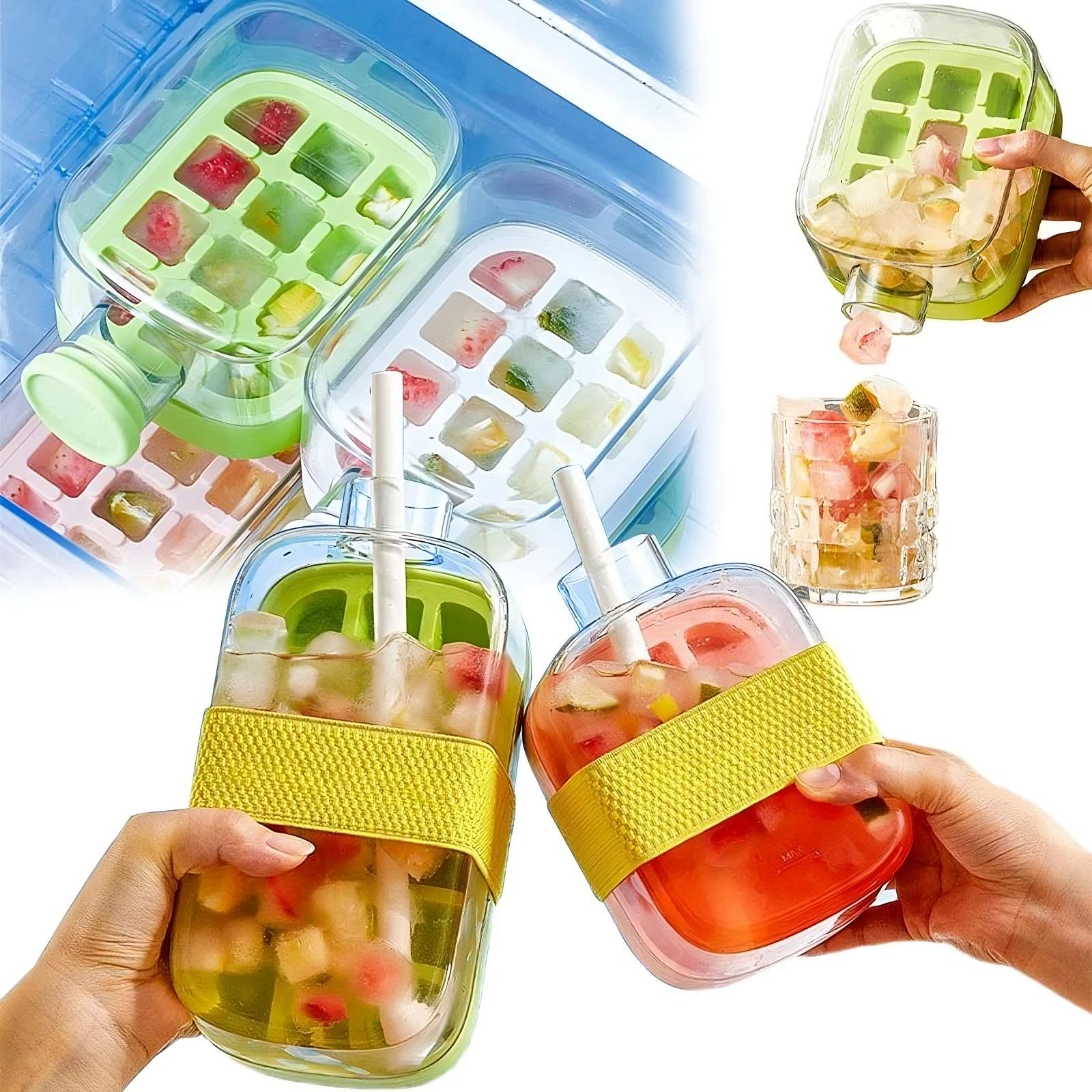 Ice Cube Tray With Straw and Lid 2 in 1 Touch Free Ice Maker
