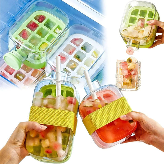 Ice Cube Tray With Straw and Lid 2 in 1 Touch Free Ice Maker
