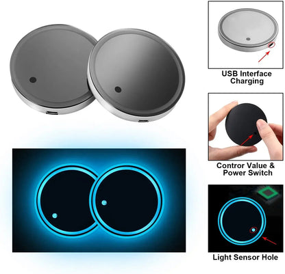 أضواء LED لحامل أكواب السيارة، 7 ألوان متغيرة، وسادة كوب مقاومة للماء قابلة لإعادة الشحن عبر USB لإضاءة جو السيارة الداخلي - أخضر
